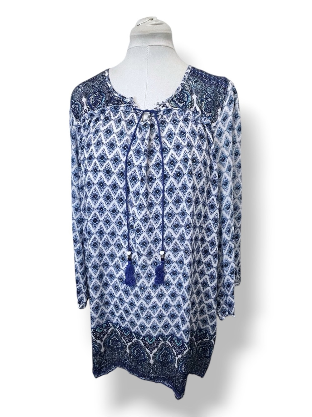 Angie Women’s Long Trumpet Sleeve Tunic Dress Geometric Paisley Blue/White L